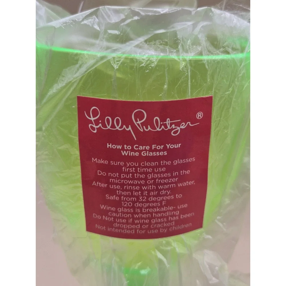 Lilly Pulitzer Wine Glasses (2) Set Neon Green Plastic‎ Pair
